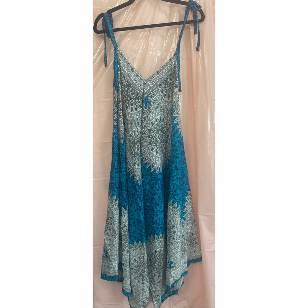 Women's Teal White Mandala Asymmetrical Jumpsuit - Picture 3 of 5